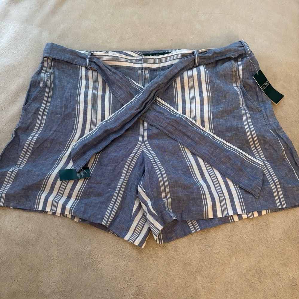 Lauren Ralph Lauren 100% Linen Striped Blue Shorts Size 18